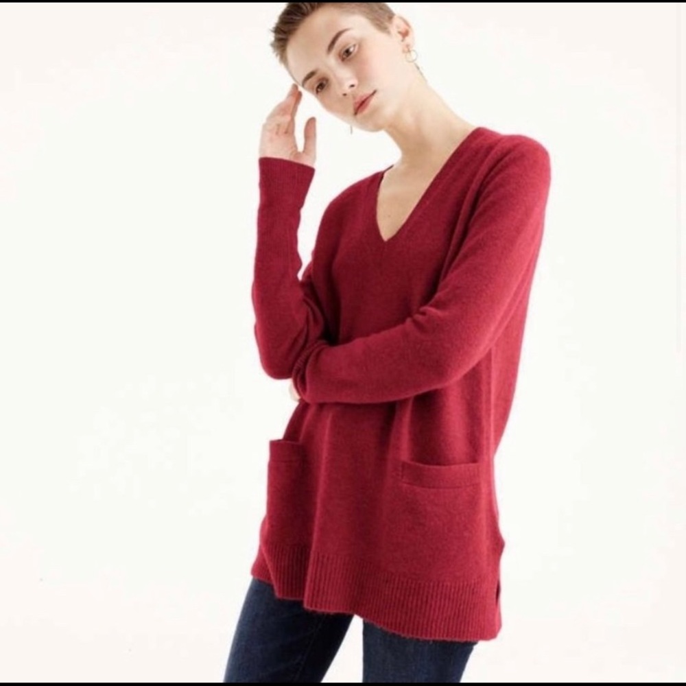 💥J Crew Supersoft Warm Merino Alpaca blend tunic sweater w/pockets Burgandy Red